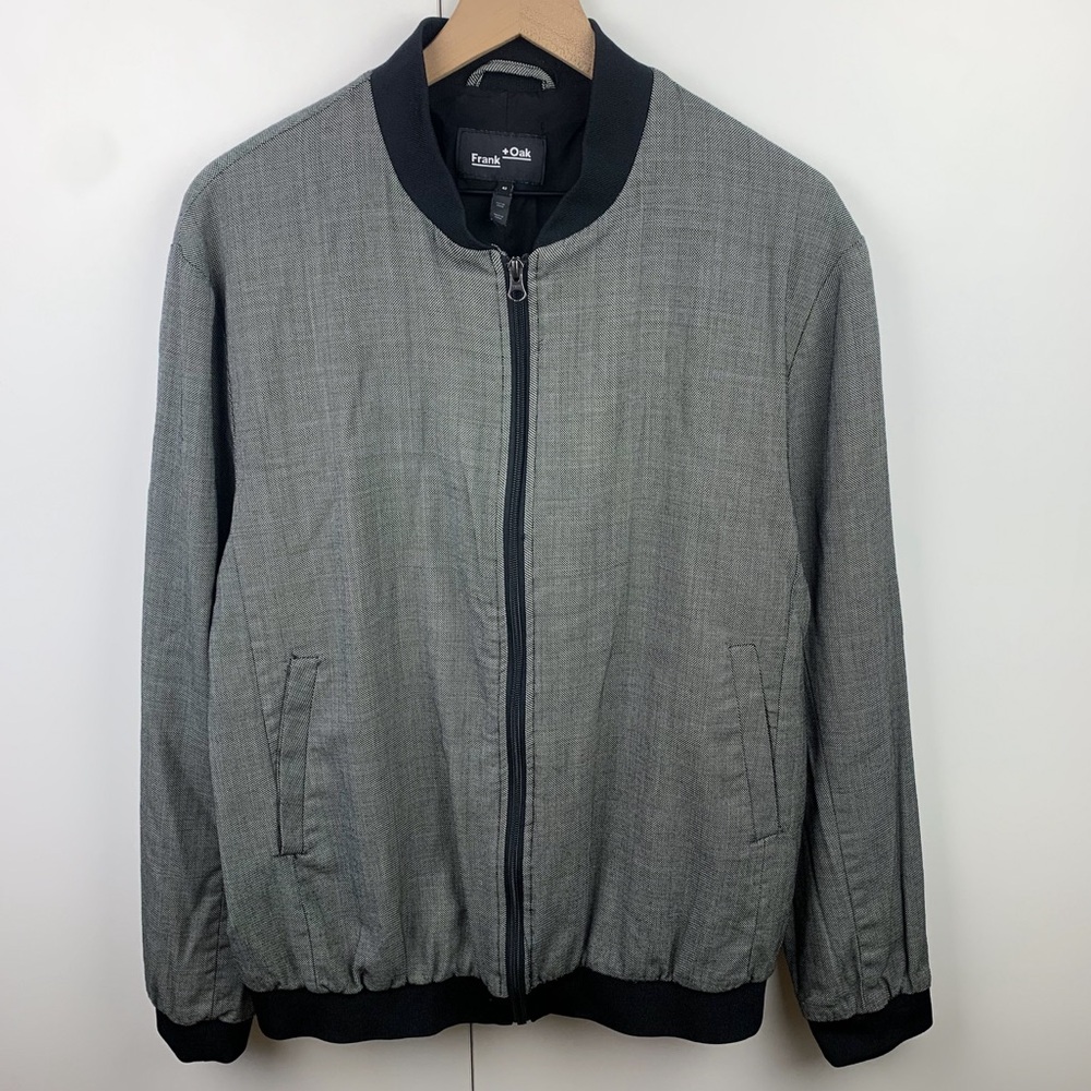 Frank & Oak 100% Wool Lightweight Zip Front Bomber Jacket Gray Black Size 42 XL